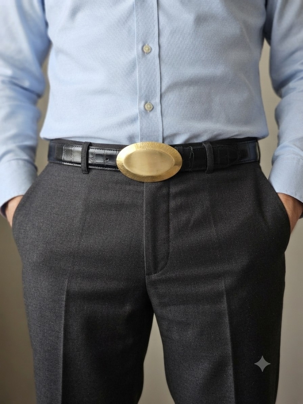 Black Croc-Embossed Leather Belt with Brass Oval Buckle